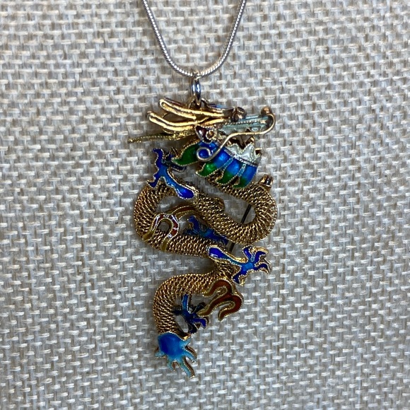 Antique CHINESE DRAGON Gold Gilt 925 Sterling Silver Cloisonné Brooch/Pendant. - Picture 4 of 15